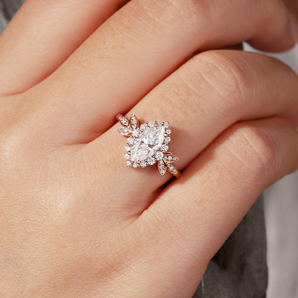 Marquise Moissanite Butterfly Halo Floral Engagement Ring in 925 Sterling Silver