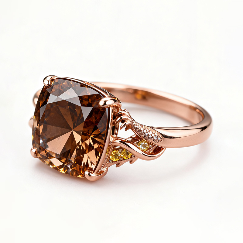 Rose Gold-Plated Sterling Silver Ring with Square Coffee Gemstone & Yellow Accents – US Size 10