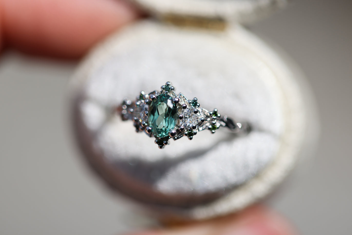 Lab-Grown Green-Blue Sapphire & Diamond Accent Ring in Platinum Silver – 6×4mm Center Stone