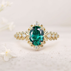 8x6mm Lab Emerald Ring with Diamond Accents – 925 Sterling Silver Gold Plated Women’s Ring