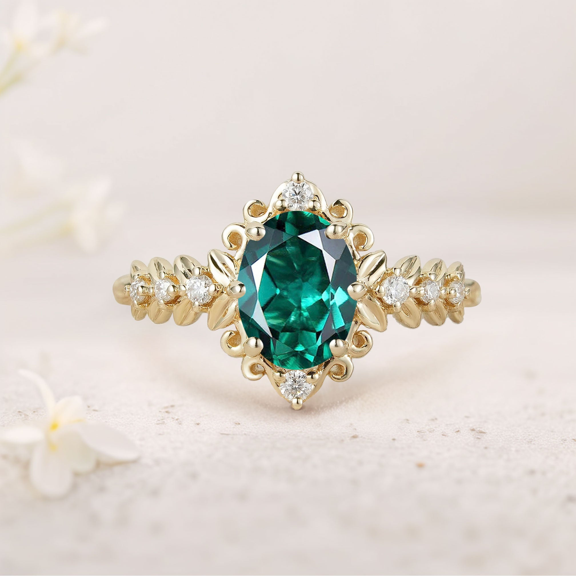 8x6mm Lab Emerald Ring with Diamond Accents – 925 Sterling Silver Gold Plated Women’s Ring