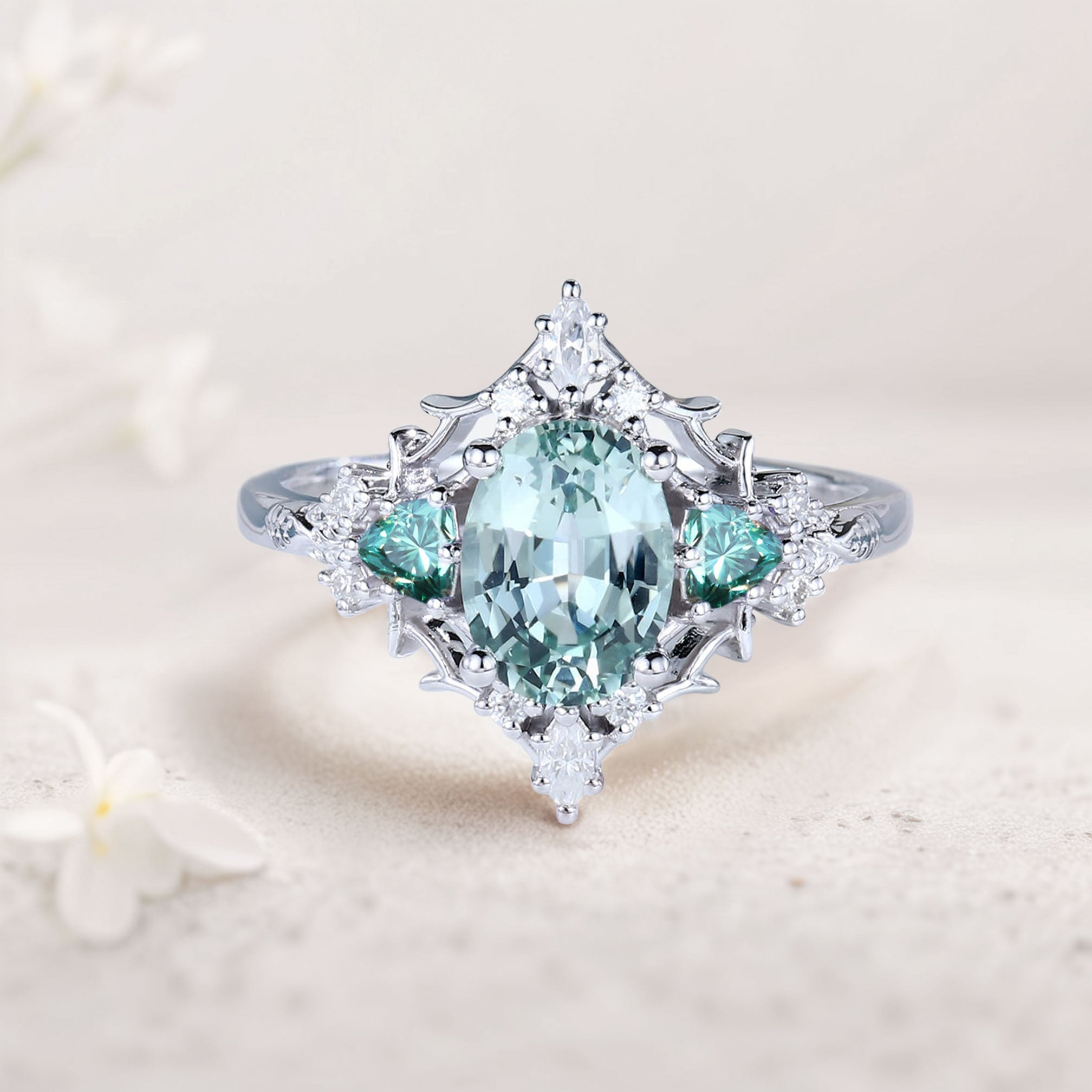Lab-Grown Blue-Green Sapphire Ring with Multi-Moissanite Accents – White Gold Plated 925 Silver