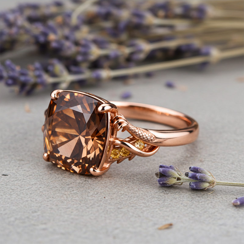 Rose Gold-Plated Sterling Silver Ring with Square Coffee Gemstone & Yellow Accents – US Size 10