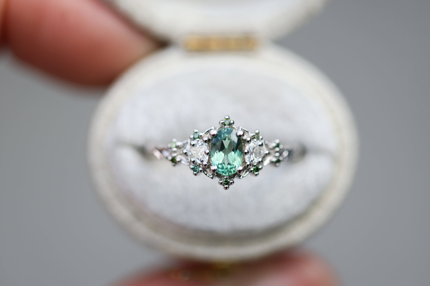 Lab-Grown Green-Blue Sapphire & Diamond Accent Ring in Platinum Silver – 6×4mm Center Stone