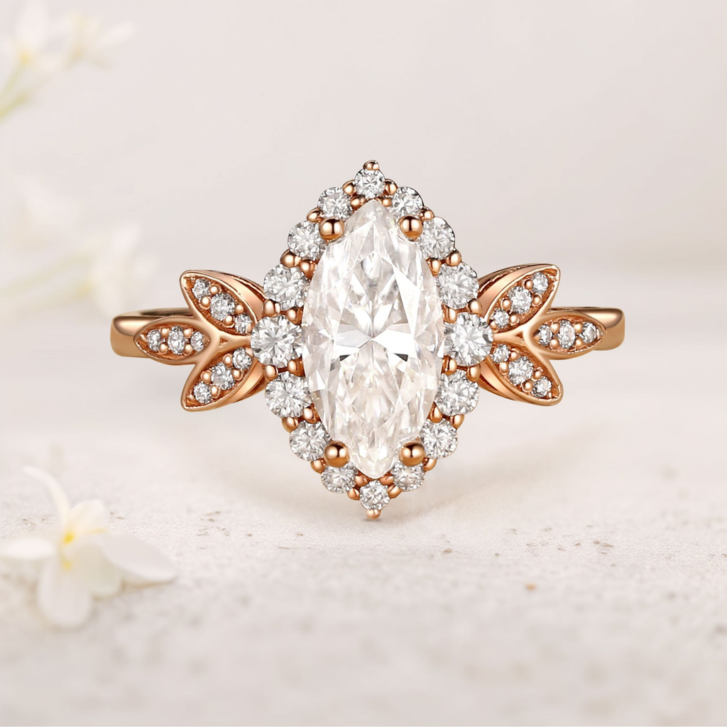 Marquise Moissanite Butterfly Halo Floral Engagement Ring in 925 Sterling Silver