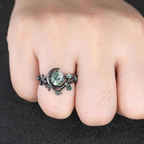 Black Plated Sterling Silver Ring with 7mm Moss Agate – 925 Silver Statement Ring US 9