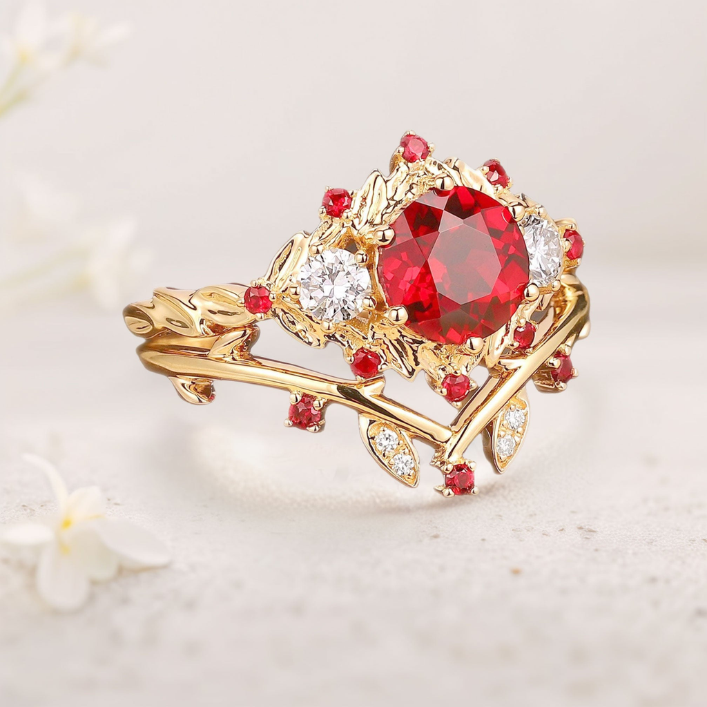 Lab Grown Ruby Ring with Diamond Accents in White Gold Plated Sterling Silver