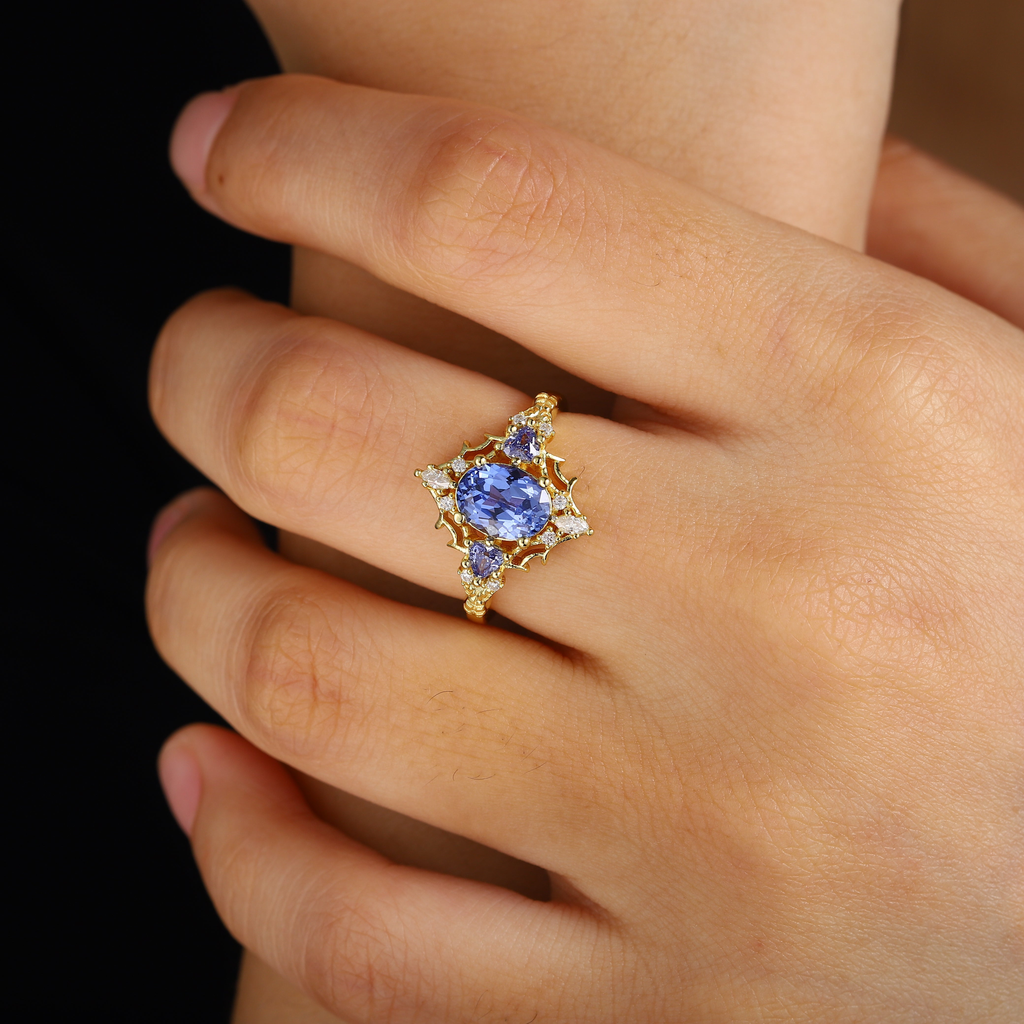 14K Gold Vermeil Ring with Lab-Created Blue Sapphire & Diamond Accents – 7×5mm Center Stone