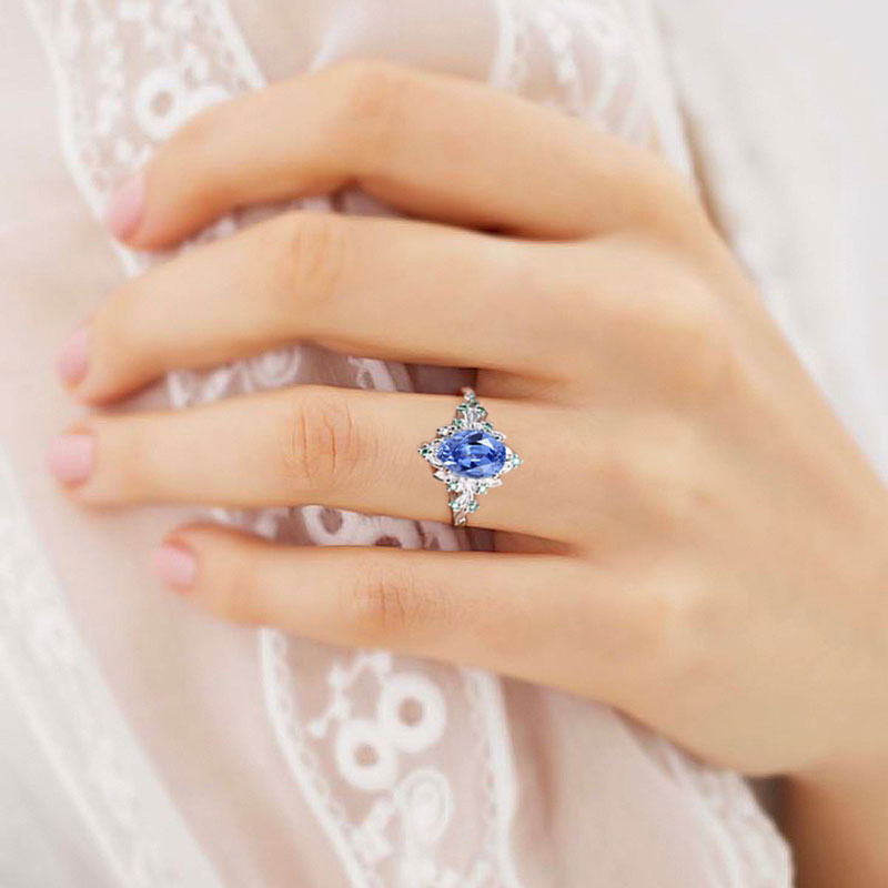 18K Gold Blue Sapphire Ring with Marquise, Trillion & Round Accents – 7x5mm Lab Sapphire Women’s Ring US 8