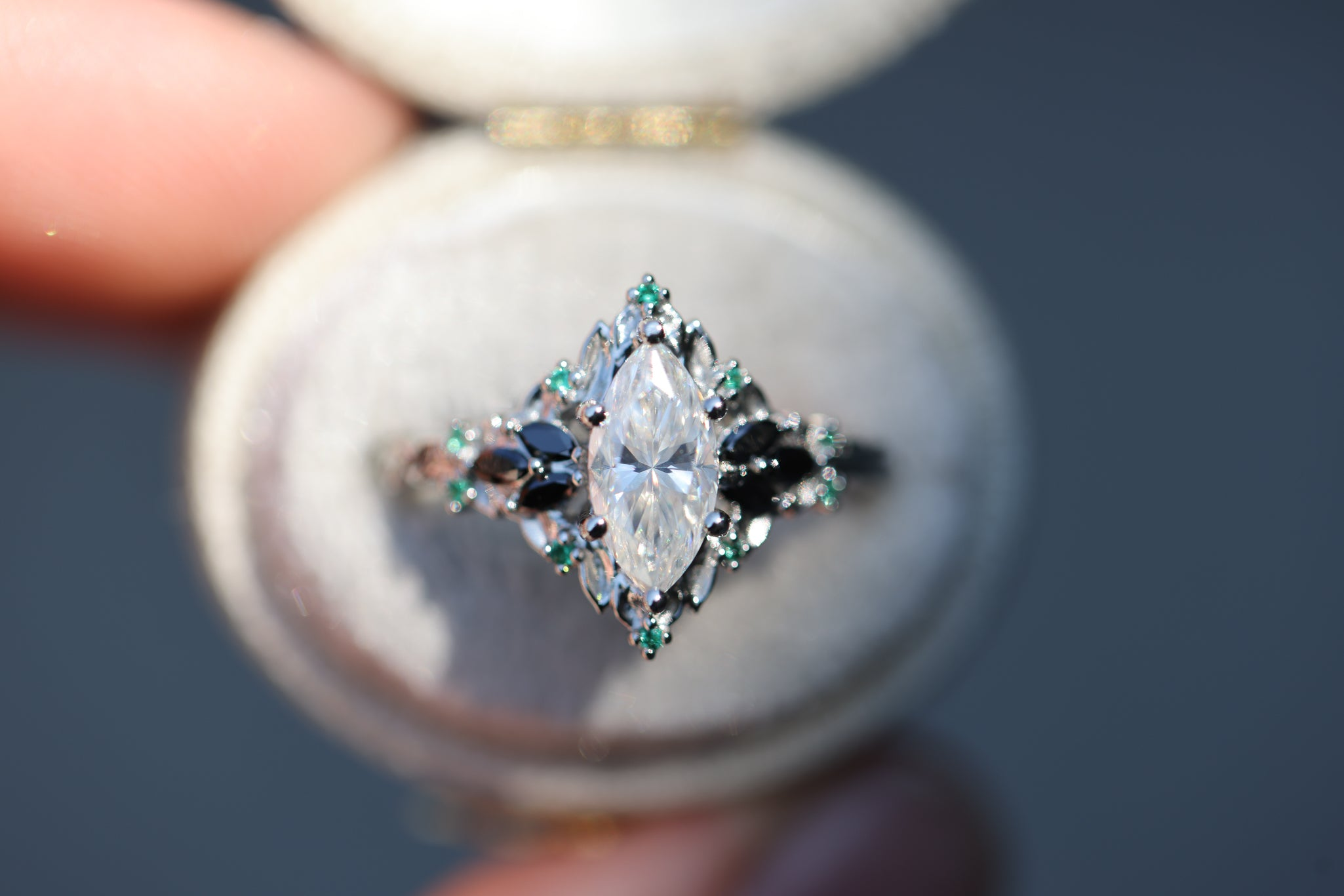 Moissanite Ring with Black Onyx & Emerald Accents in Platinum Silver – 8×4mm Center Stone