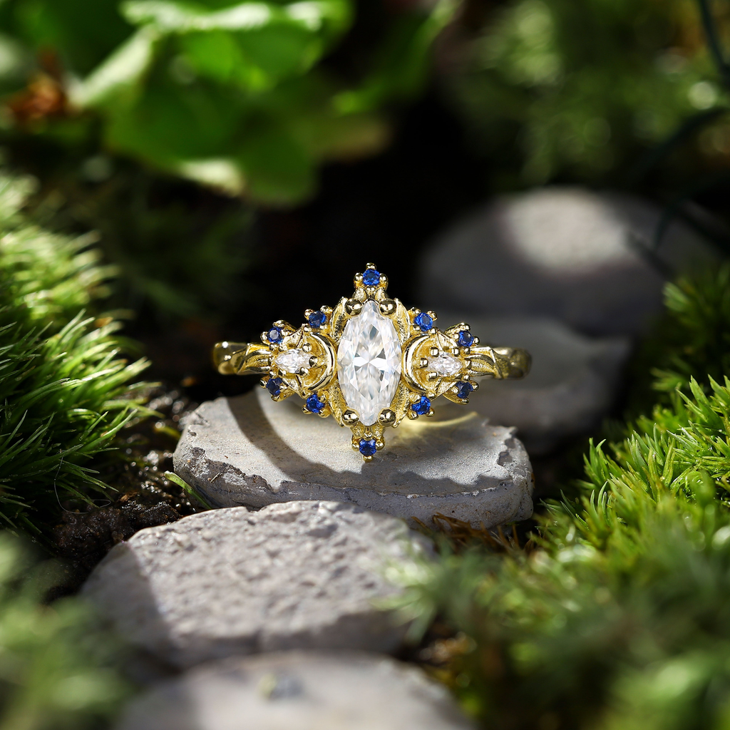 Gold-Plated Moissanite Ring with Marquise Accents – 8×4mm Center Stone in Sterling Silver