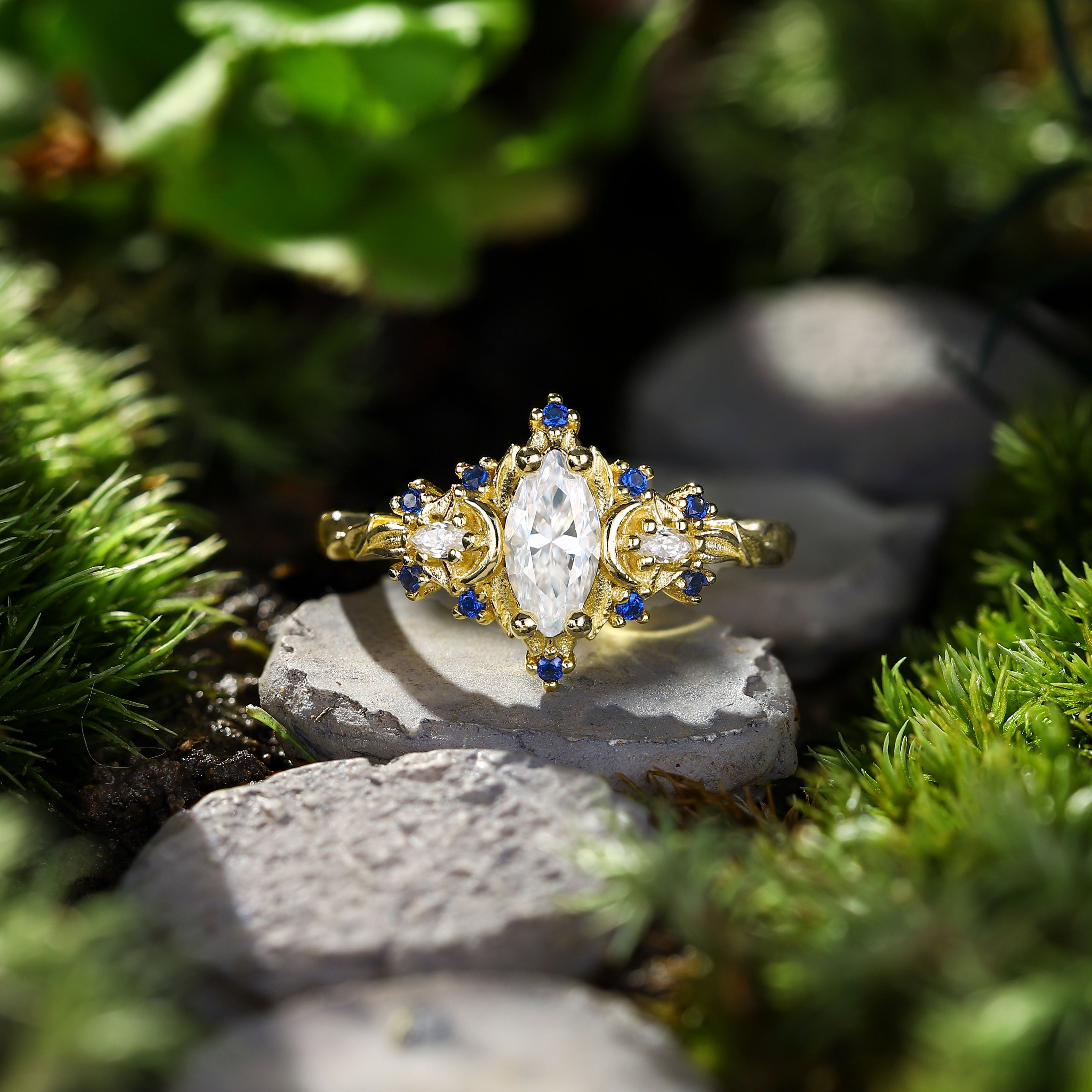 Gold-Plated Moissanite Ring with Marquise Accents – 8×4mm Center Stone in Sterling Silver