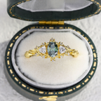 6×4mm Green Moissanite Ring with Triangle & Round Moissanite Accents – Platinum Silver Finish