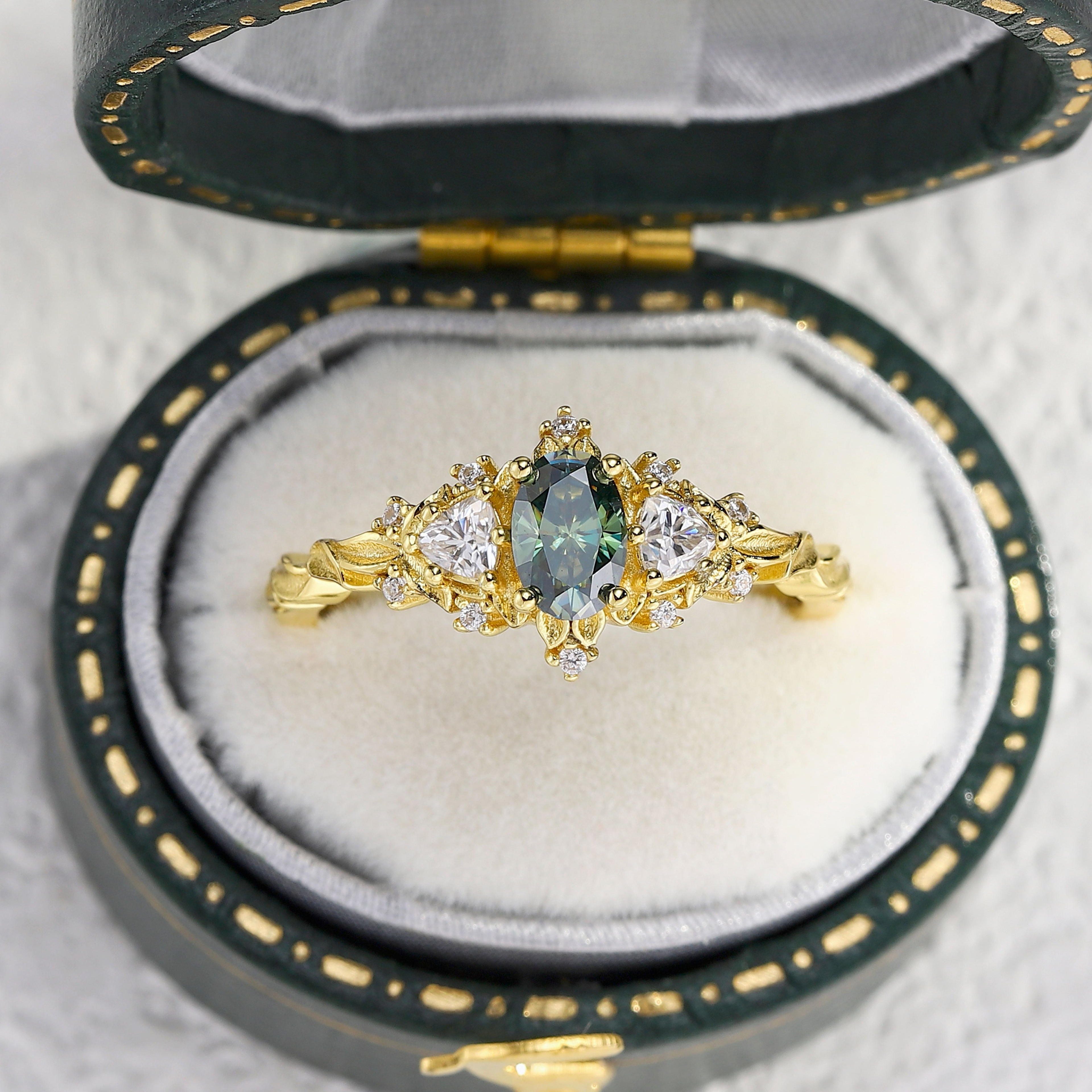 6×4mm Green Moissanite Ring with Triangle & Round Moissanite Accents – Platinum Silver Finish