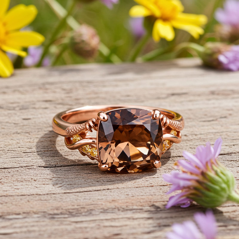 Rose Gold-Plated Sterling Silver Ring with Square Coffee Gemstone & Yellow Accents – US Size 10