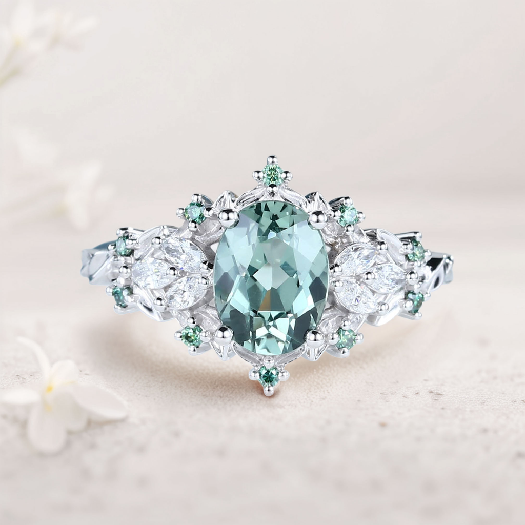 Marquise Moissanite & Green-Blue Sapphire Ring in Platinum Silver – 8×6mm Center Stone