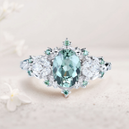 Marquise Moissanite & Green-Blue Sapphire Ring in Platinum Silver – 8×6mm Center Stone