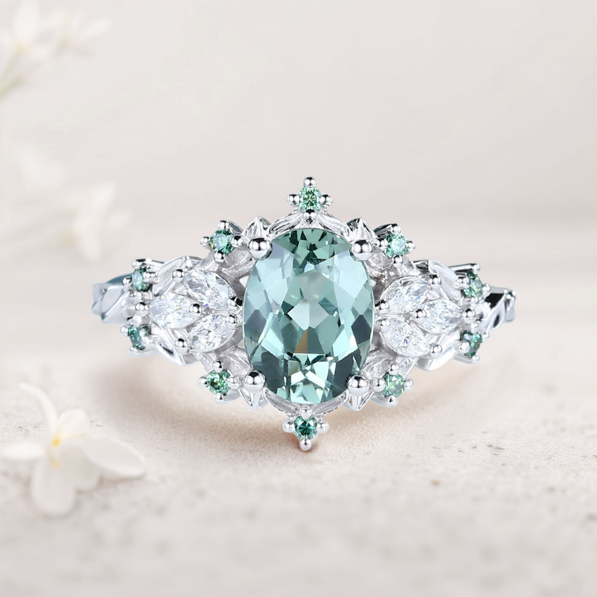 Marquise Moissanite & Green-Blue Sapphire Ring in Platinum Silver – 8×6mm Center Stone