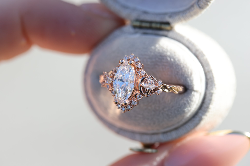 14K Gold Plated Moissanite Ring with Marquise & Round Accents – Elegant Women’s Ring US 7.5