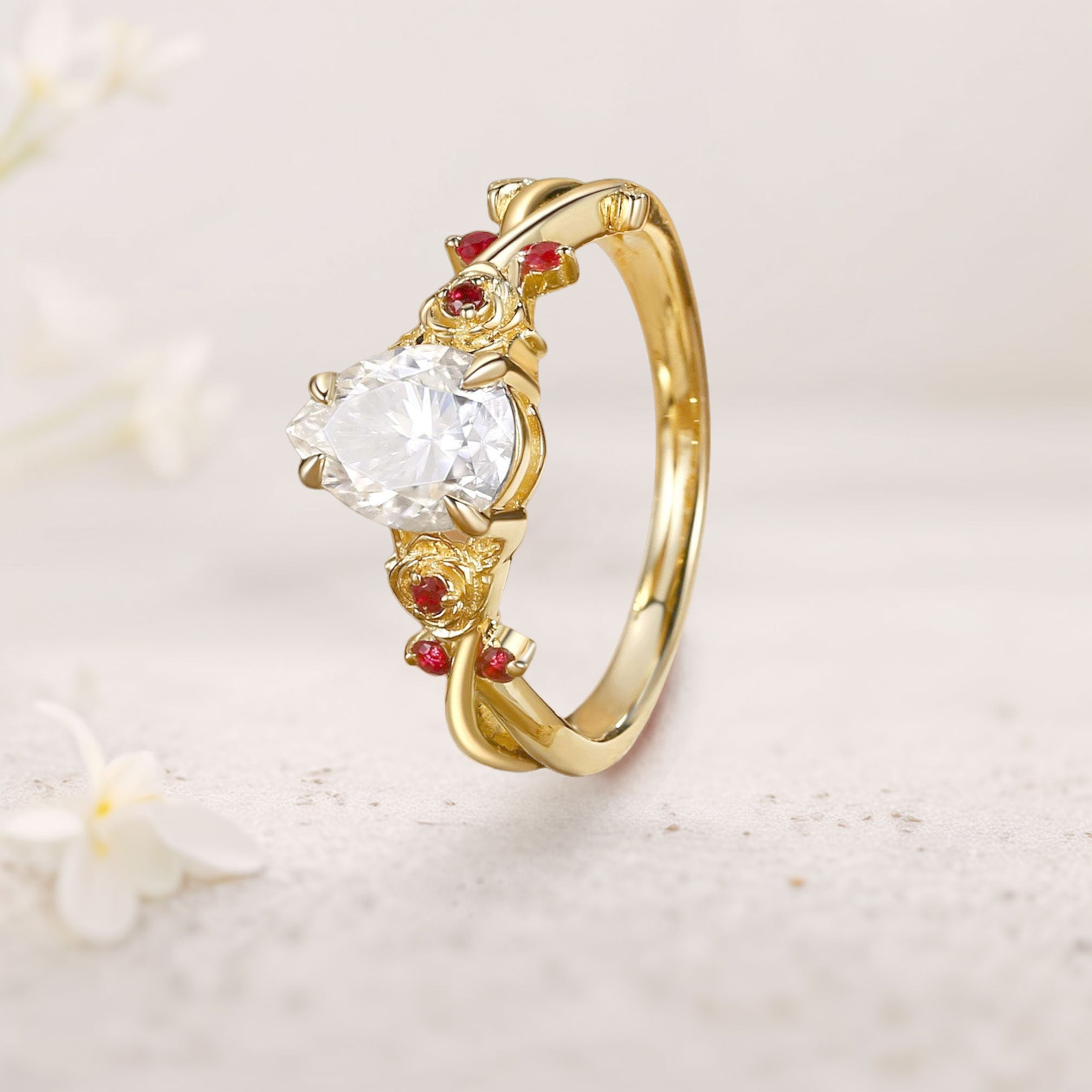 Gold Plated Moissanite Ring with Lab Ruby Accents – 18K Gold Vermeil Silver