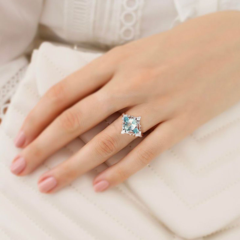 Lab-Grown Blue-Green Sapphire Ring with Multi-Moissanite Accents – White Gold Plated 925 Silver