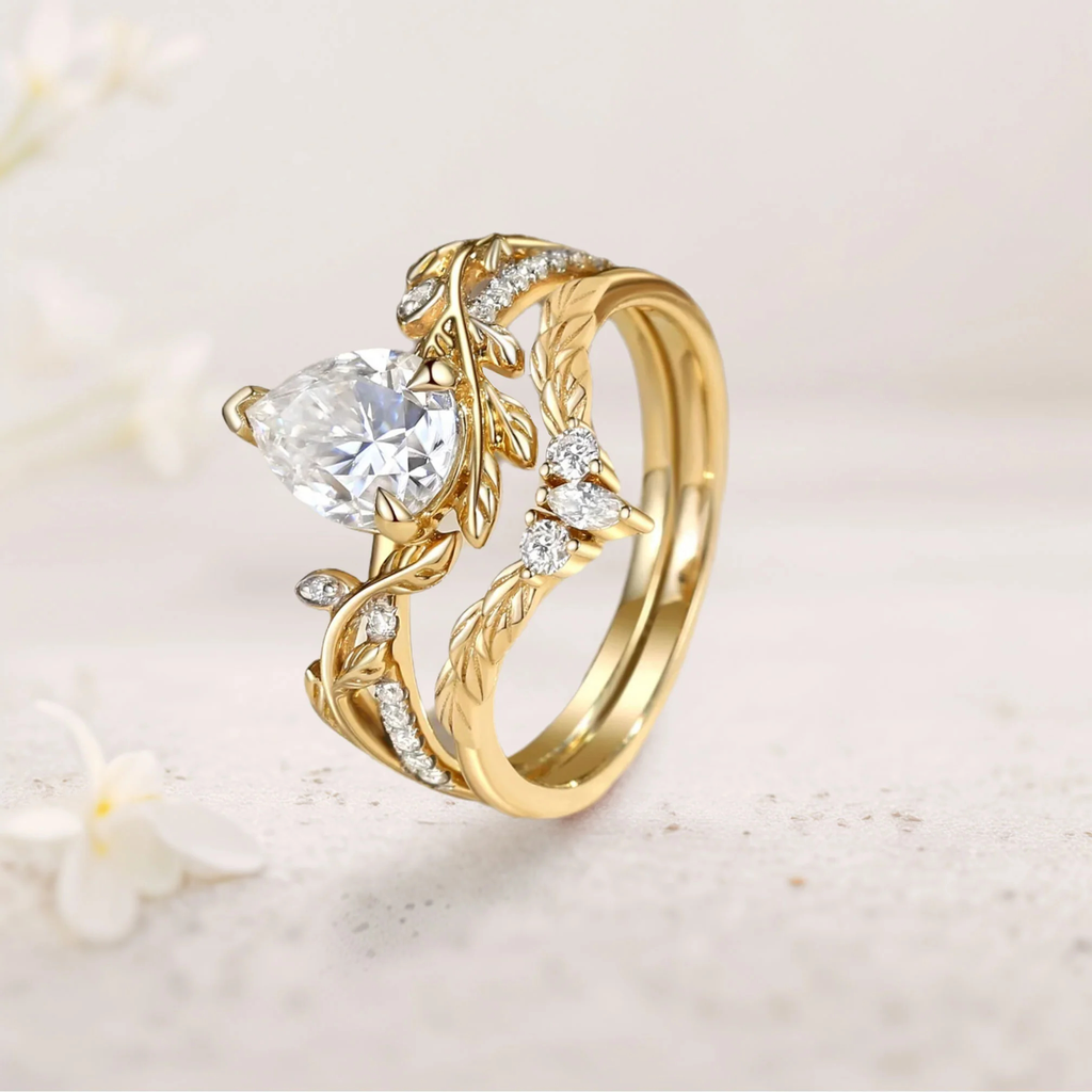 14K Gold Moissanite Ring with Lab Diamond Accents – Engraved Happy Anniversary Gift