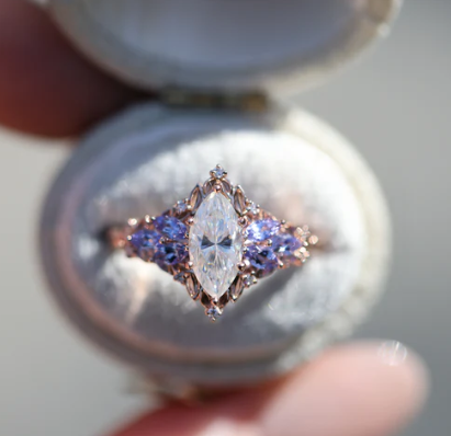 White Gold Plated 925 Sterling Silver Ring with 8x4mm Moissanite & Marquise Accent Stones – Elegant Everyday Women’s Jewelry