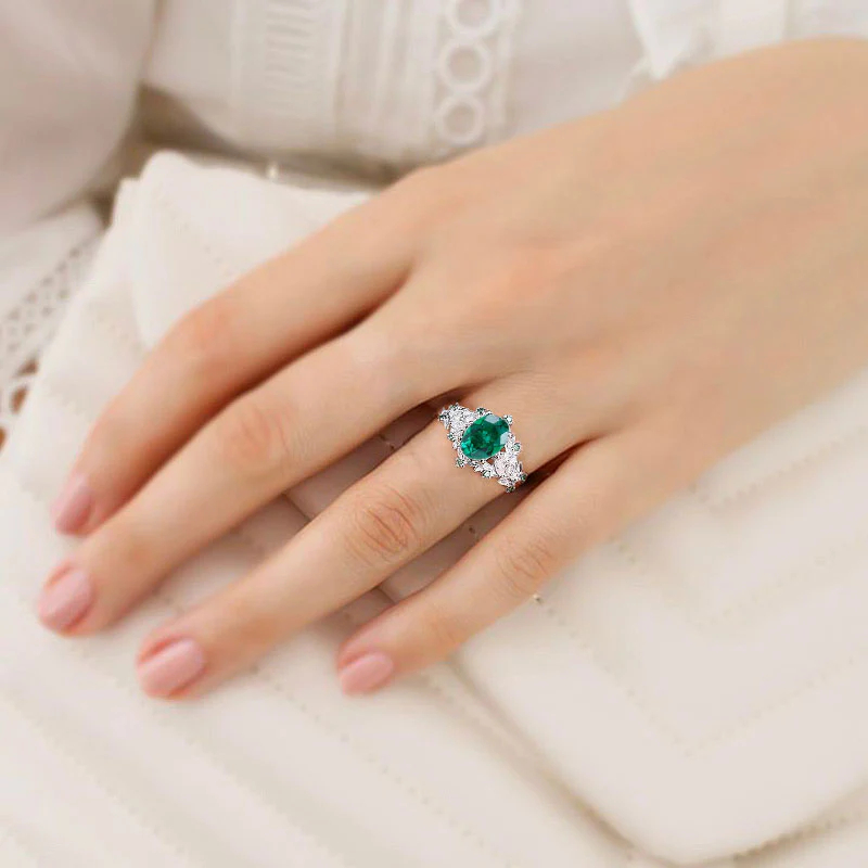Emerald Ring with Marquise Moissanite & Teal Sapphire Accents – Rose Gold Plated Silver, Engraved Gift Ring