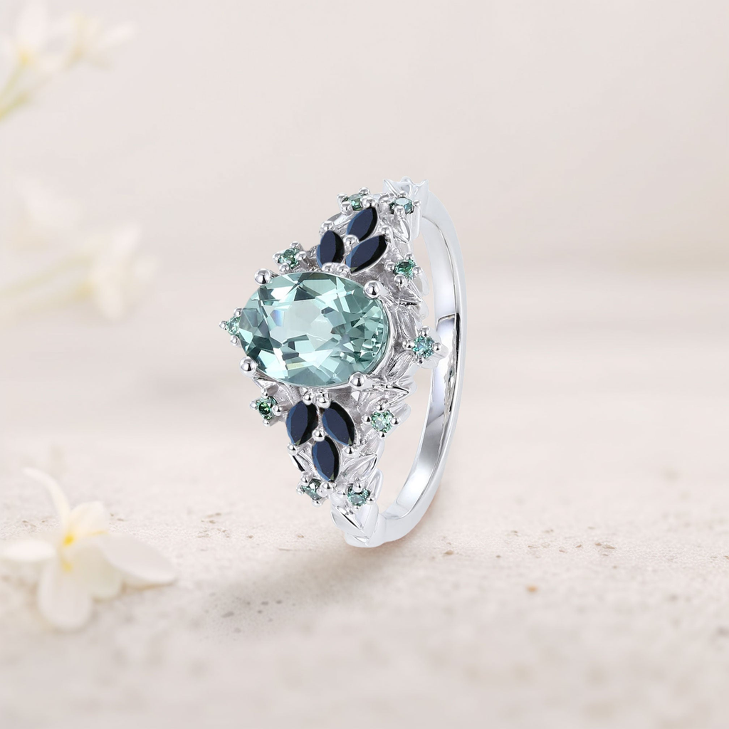 8×6mm Lab Created Teal Sapphire Ring with Black Onyx Marquise Accents – Platinum Plated Sterling Silver