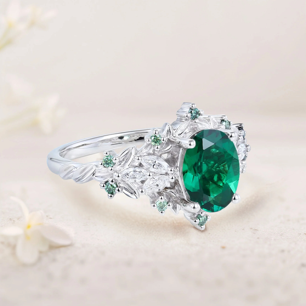 Emerald Ring with Marquise Moissanite & Teal Sapphire Accents – Rose Gold Plated Silver, Engraved Gift Ring