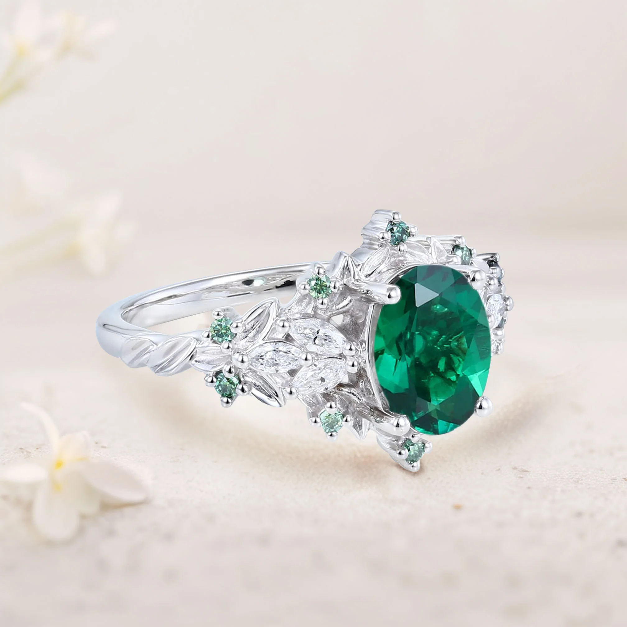 Emerald Ring with Marquise Moissanite & Teal Sapphire Accents – Rose Gold Plated Silver, Engraved Gift Ring