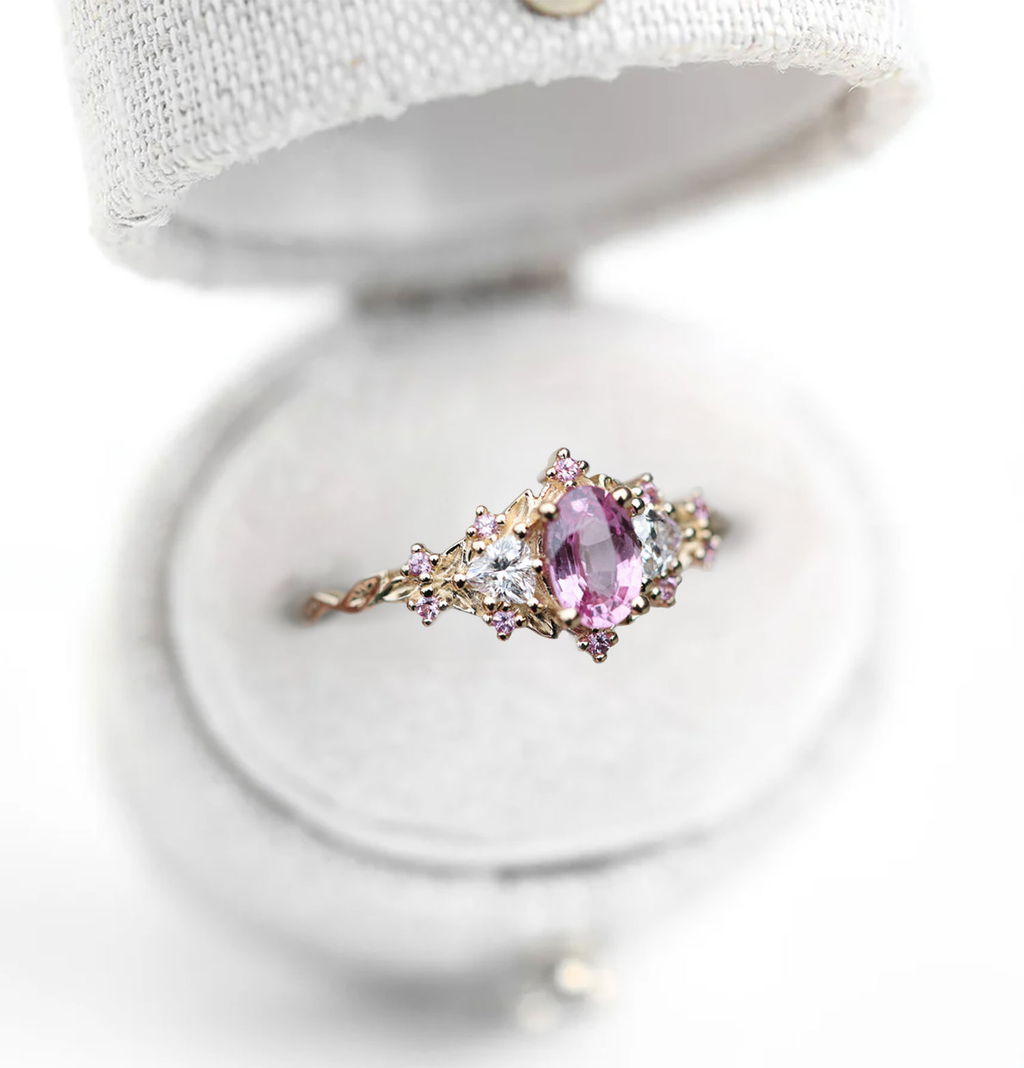 Padparadscha Sapphire Ring with Triangle Moissanite Accents – Gold Plated 925 Silver, Engraved Love Ring