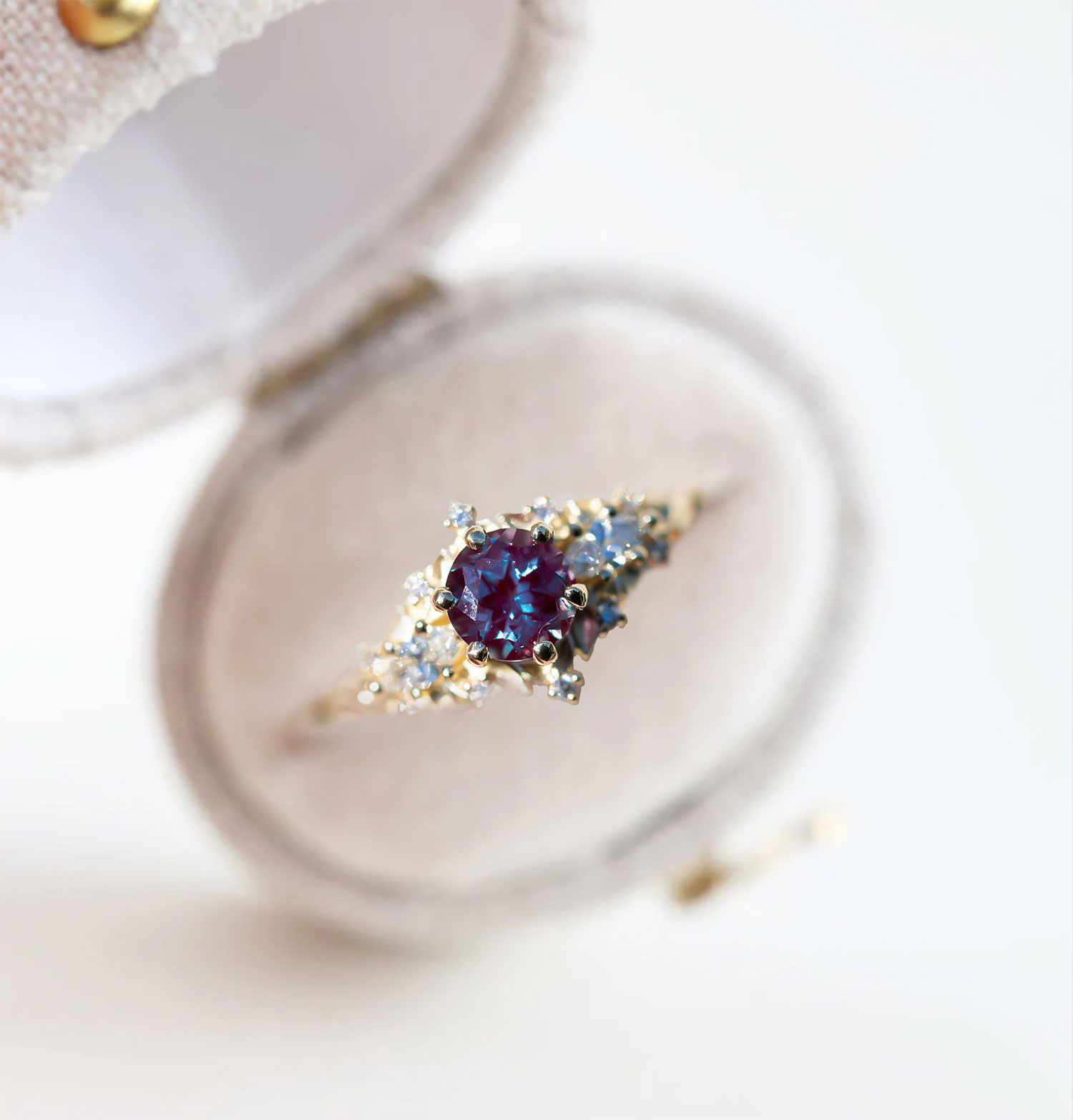 Color-Change Gemstone Ring with Marquise & Round Moissanite – 14K Gold-Plated Sterling Silver