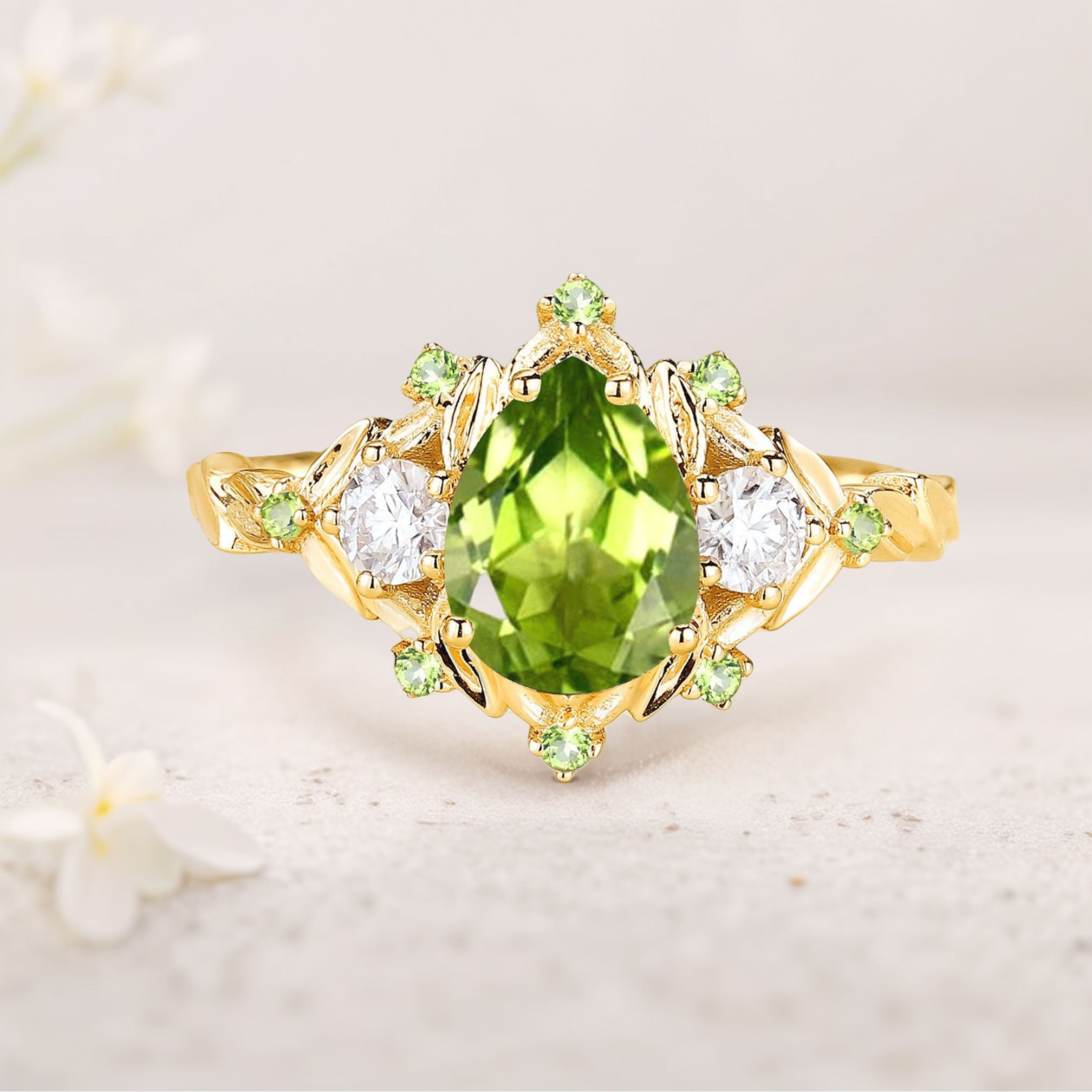 Peridot Ring with Moissanite Accents – 18K Gold Vermeil Silver Statement Ring
