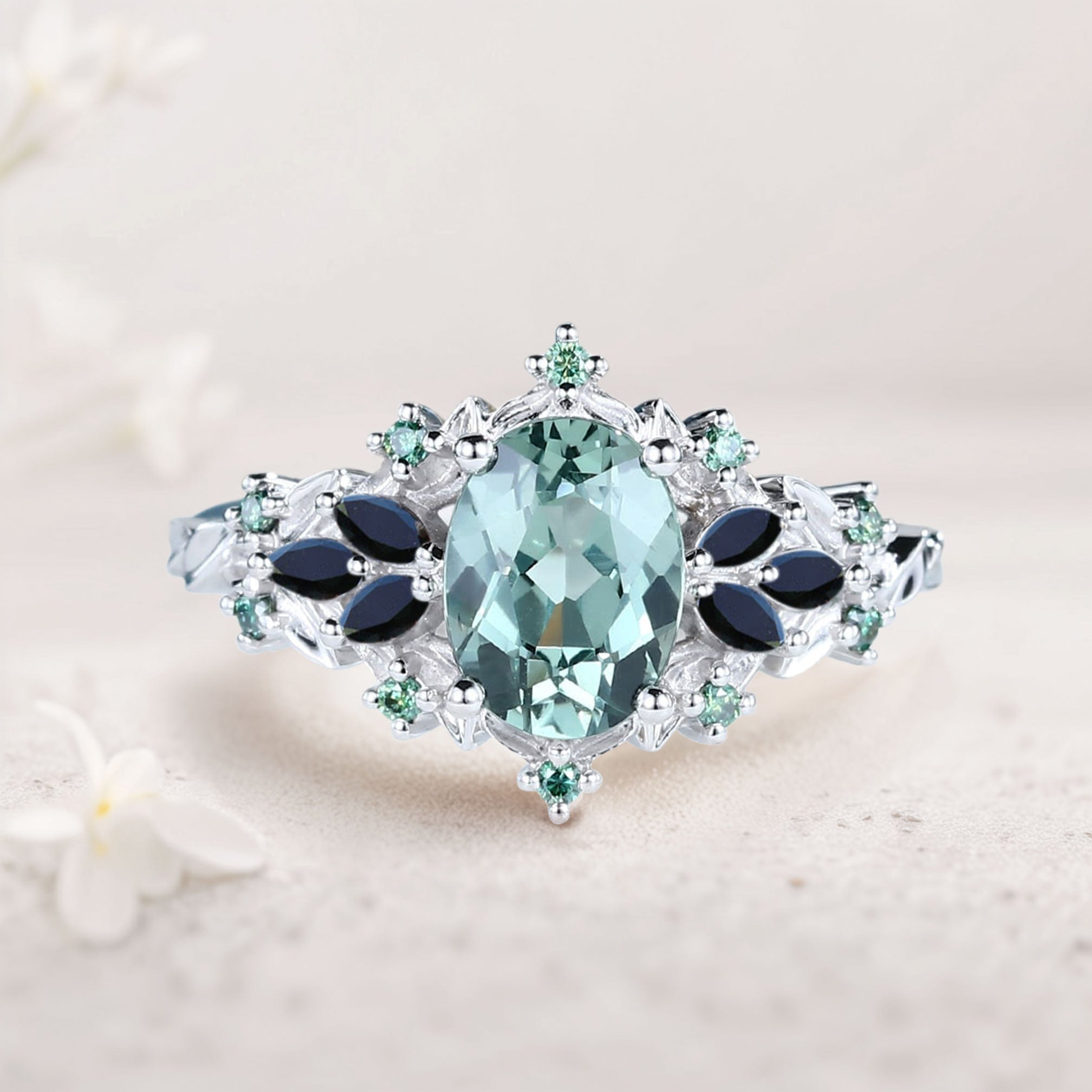 8×6mm Lab Created Teal Sapphire Ring with Black Onyx Marquise Accents – Platinum Plated Sterling Silver