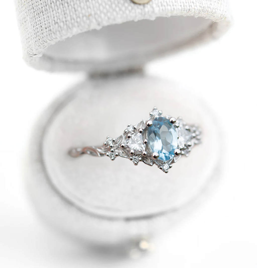 6×4mm Aquamarine Ring with Marquise & Round Moissanite Accents – Platinum-Plated 925 Sterling Silver