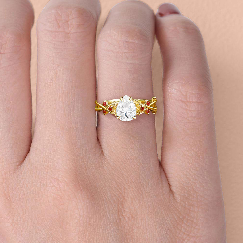 Gold Plated Moissanite Ring with Lab Ruby Accents – 18K Gold Vermeil Silver