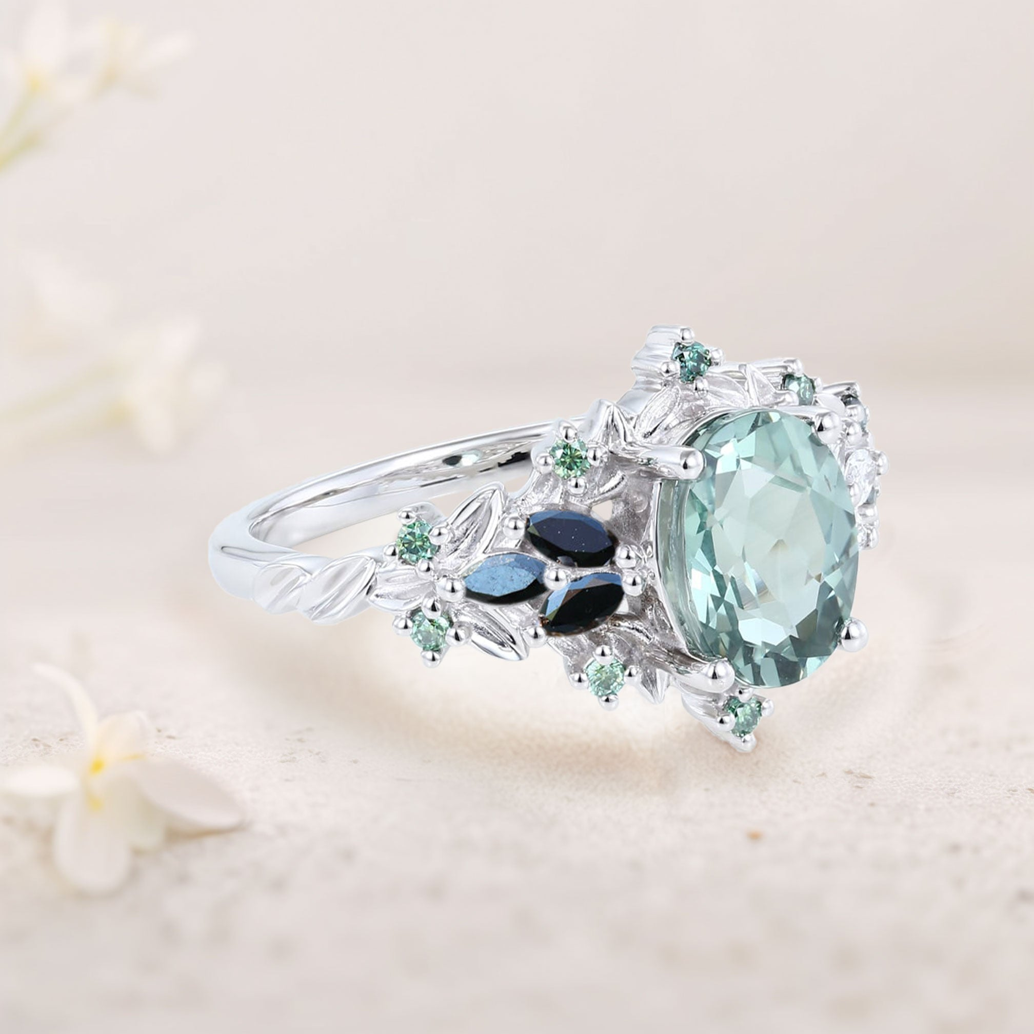 8×6mm Lab Created Teal Sapphire Ring with Black Onyx Marquise Accents – Platinum Plated Sterling Silver