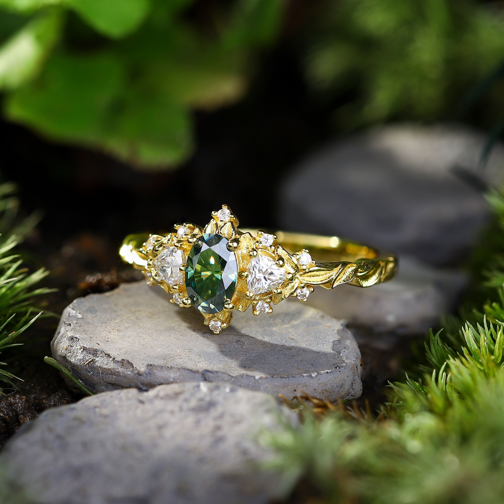 6×4mm Green Moissanite Ring with Triangle & Round Moissanite Accents – Platinum Silver Finish