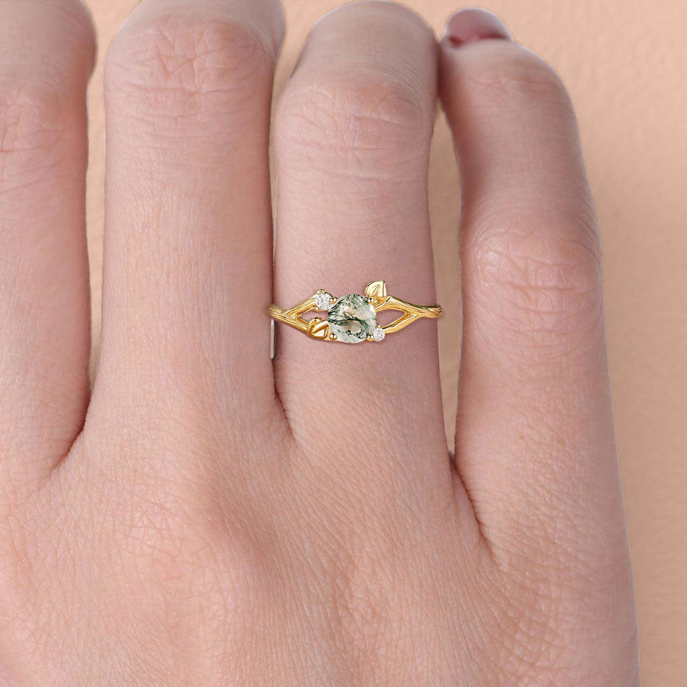 Rose Gold Plated Moss Agate Ring with Moissanite Accents – Minimalist Sterling Silver Jewelry