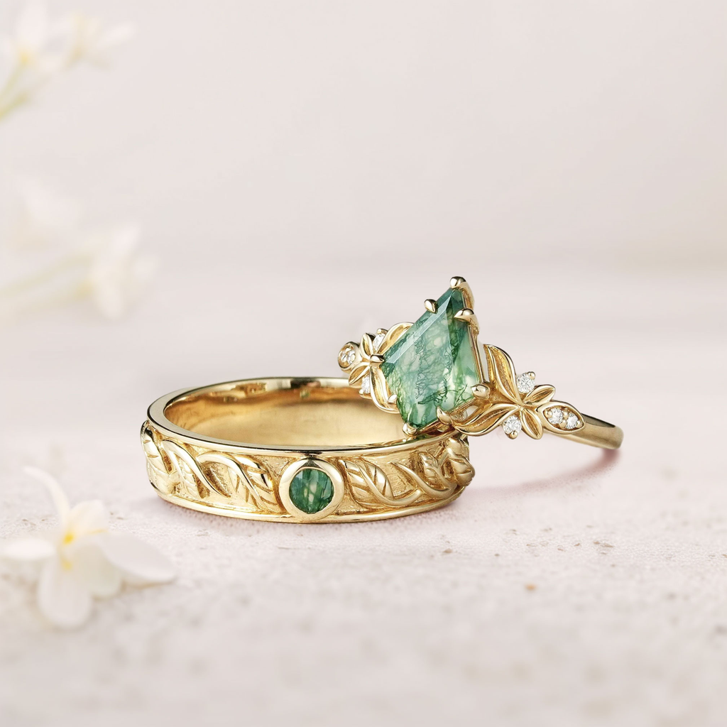 Couple’s White Gold Plated 14K Rings with Moss Agate & Moissanite Accents – Engraved ‘I Love You