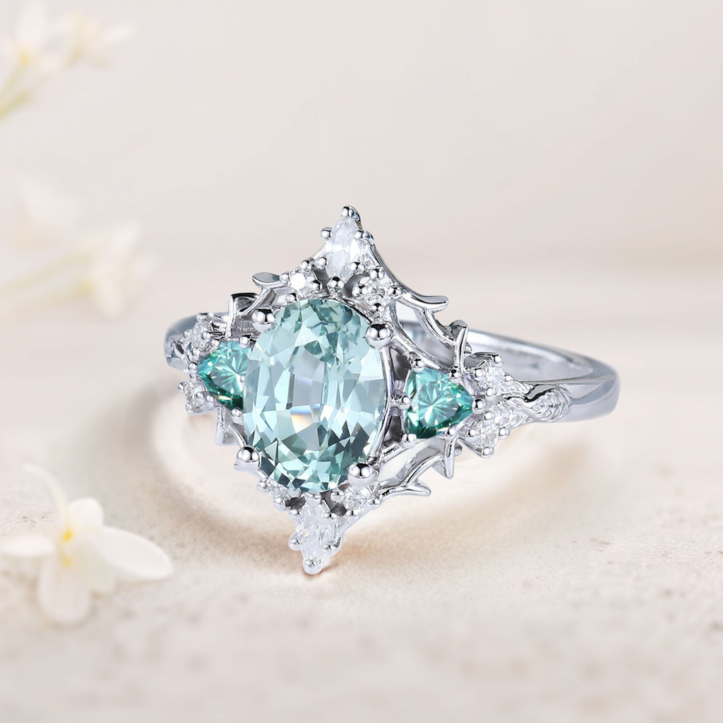 Lab-Grown Blue-Green Sapphire Ring with Multi-Moissanite Accents – White Gold Plated 925 Silver