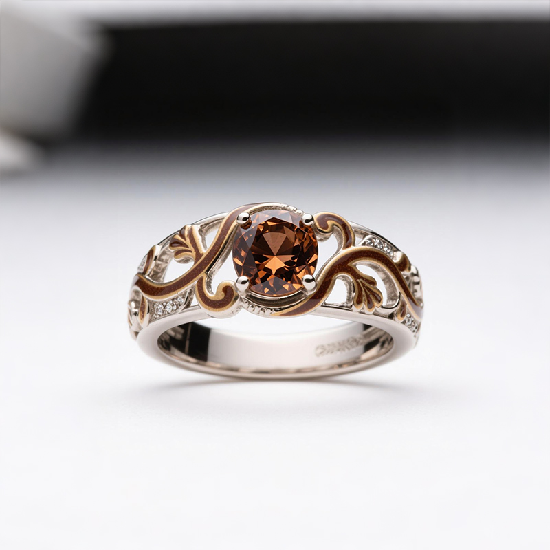 Two-Tone Silver & Rose Gold Ring with Coffee & White Stones – 925 Sterling Silver Statement Ring