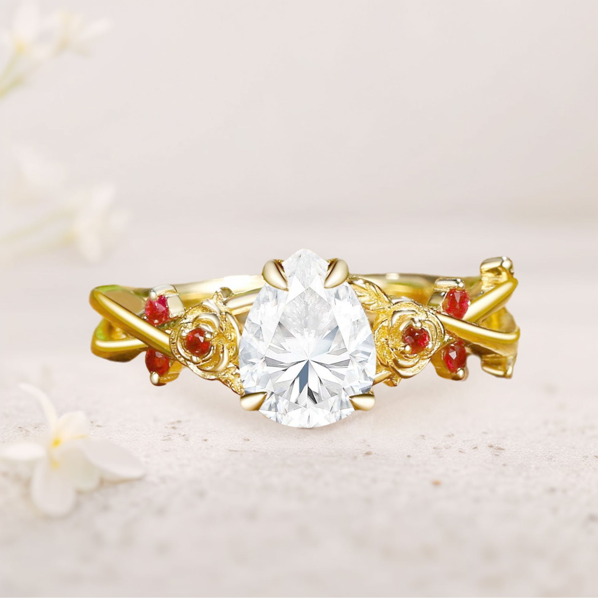 Gold Plated Moissanite Ring with Lab Ruby Accents – 18K Gold Vermeil Silver