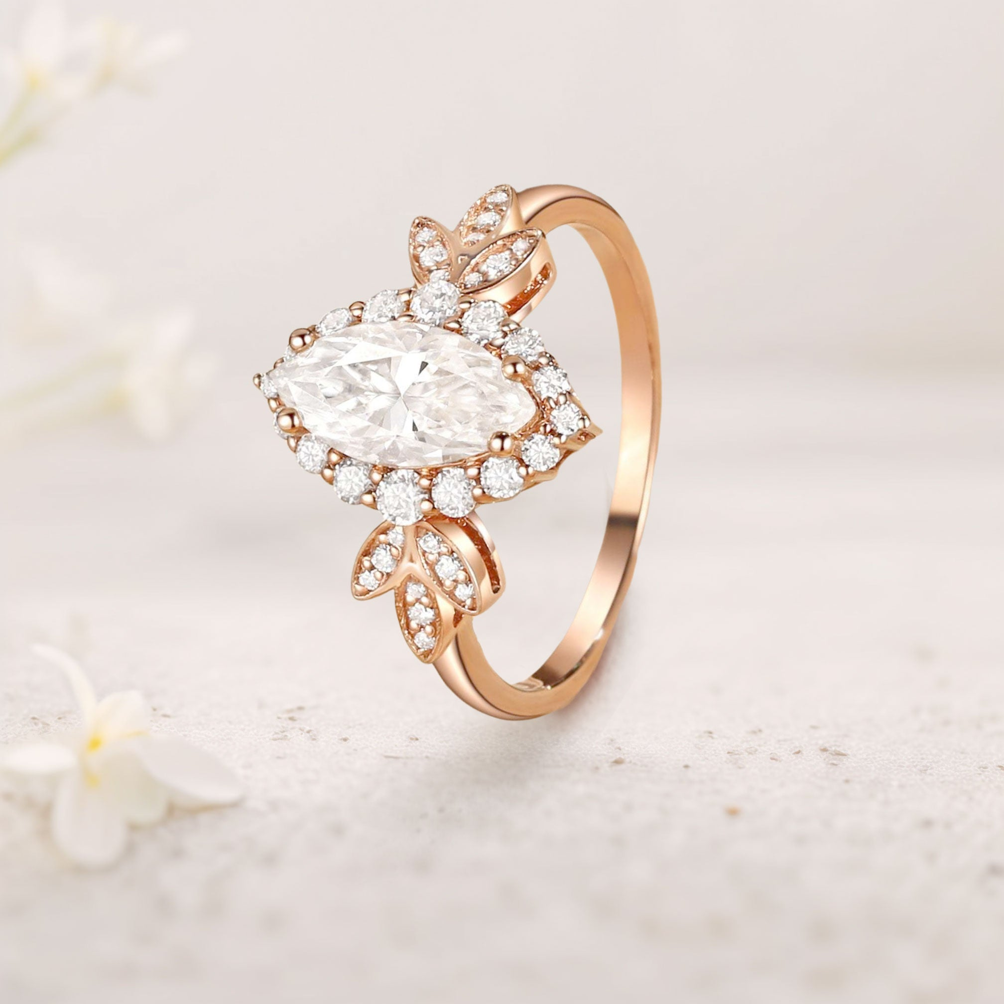 Marquise Moissanite Butterfly Halo Floral Engagement Ring in 925 Sterling Silver