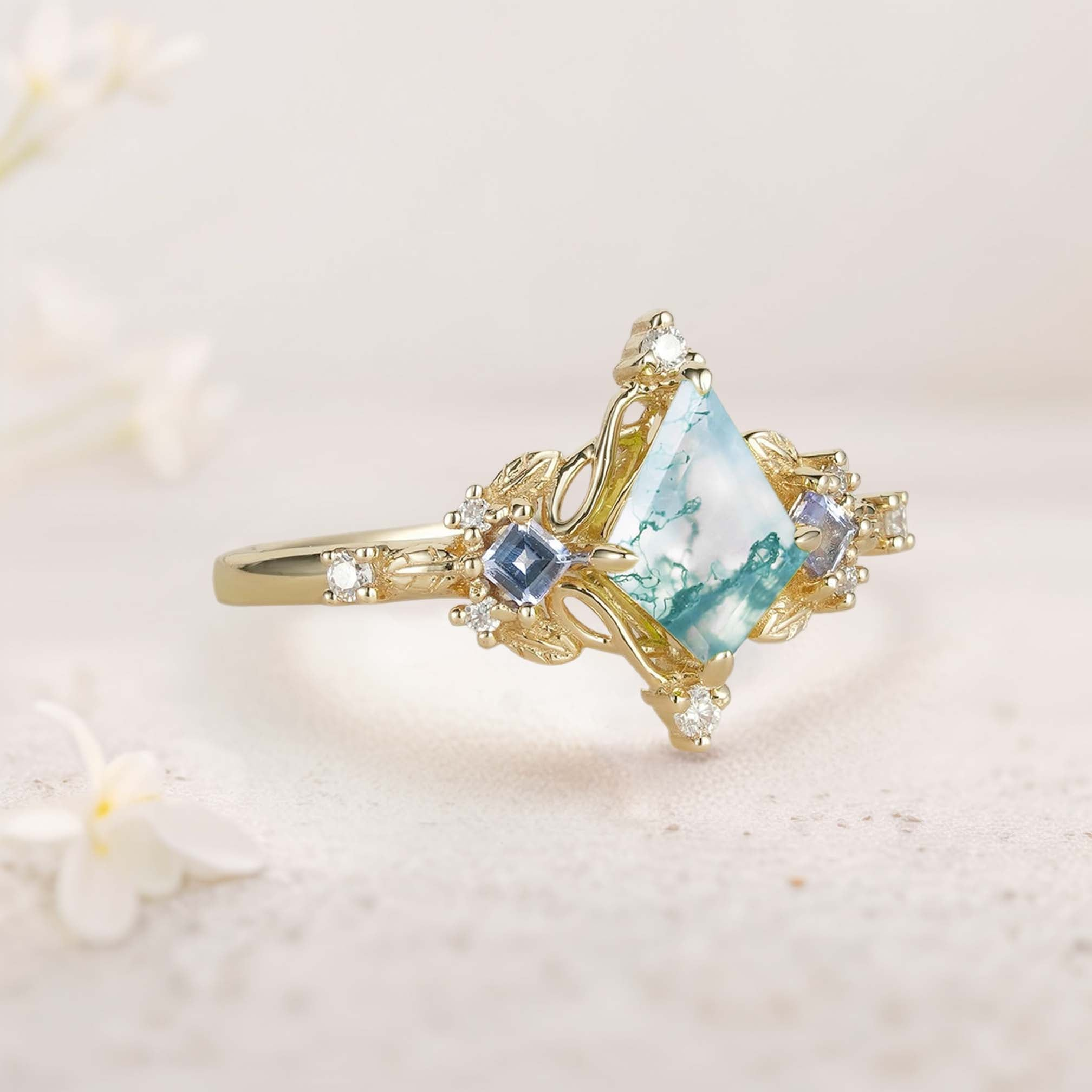 10x7mm Moss Agate Ring with Tanzanite & Moissanite Accents – 925 Silver White Gold Plated Women’s Ring US 7