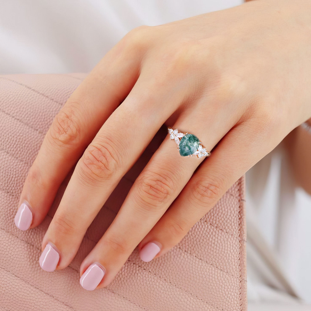 Moss Agate Ring with Marquise & Round Moissanite Accents – White Gold Plated 925 Silver