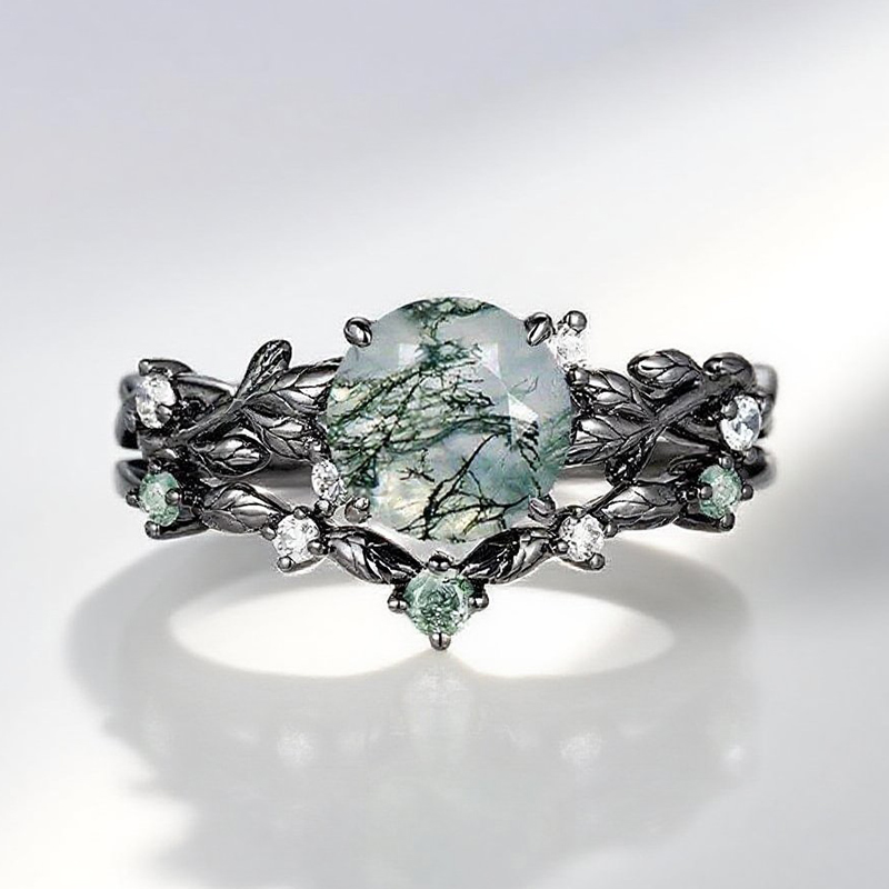 7mm Moss Agate Ring – Black Plated 925 Silver Men’s & Unisex Ring US 7