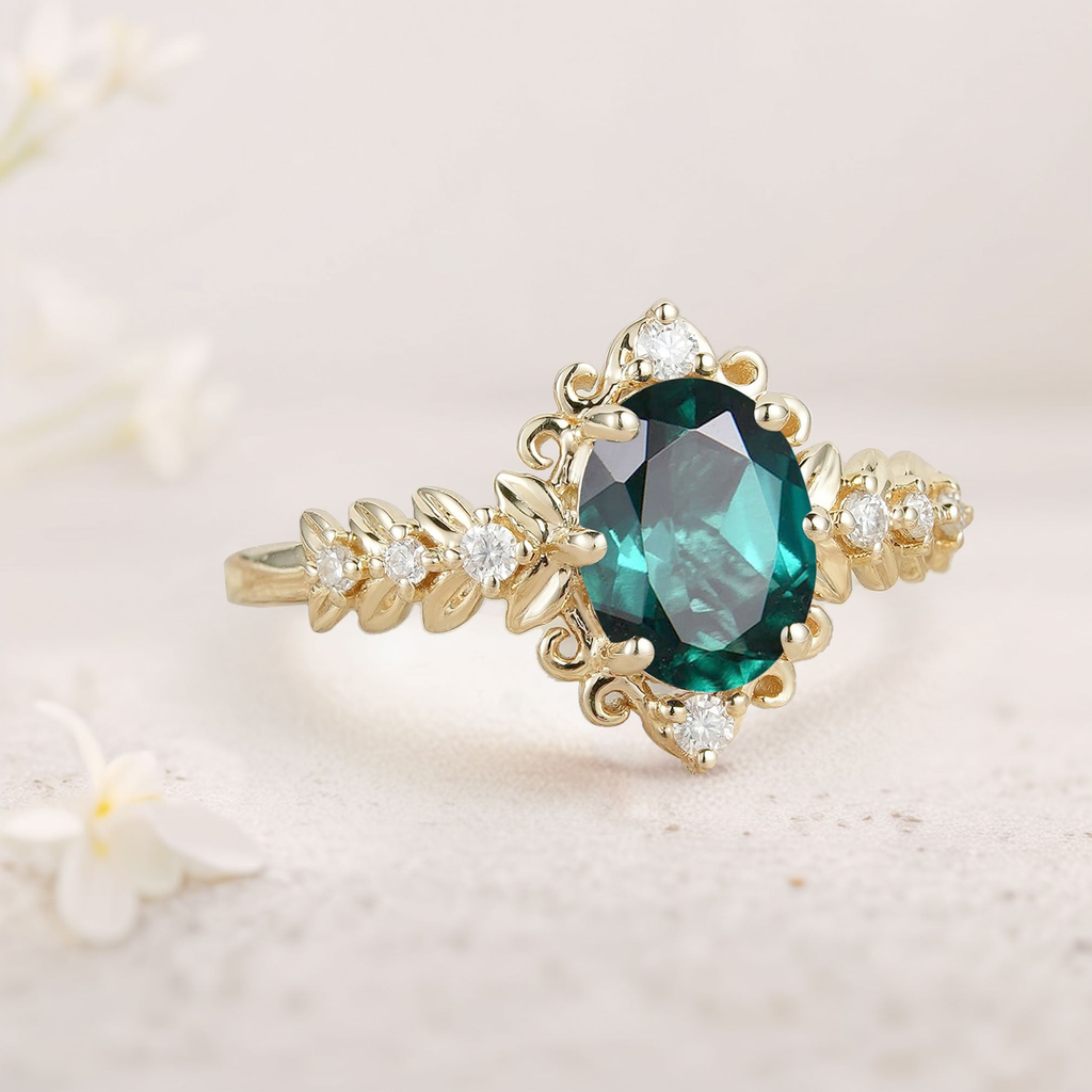 8x6mm Lab Emerald Ring with Diamond Accents – 925 Sterling Silver Gold Plated Women’s Ring