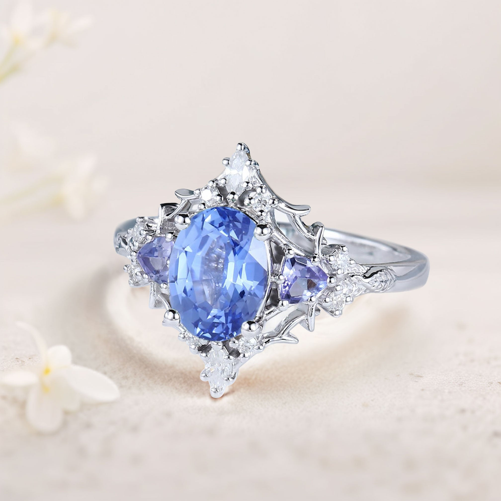 14K Gold Vermeil Ring with Lab-Created Blue Sapphire & Diamond Accents – 7×5mm Center Stone